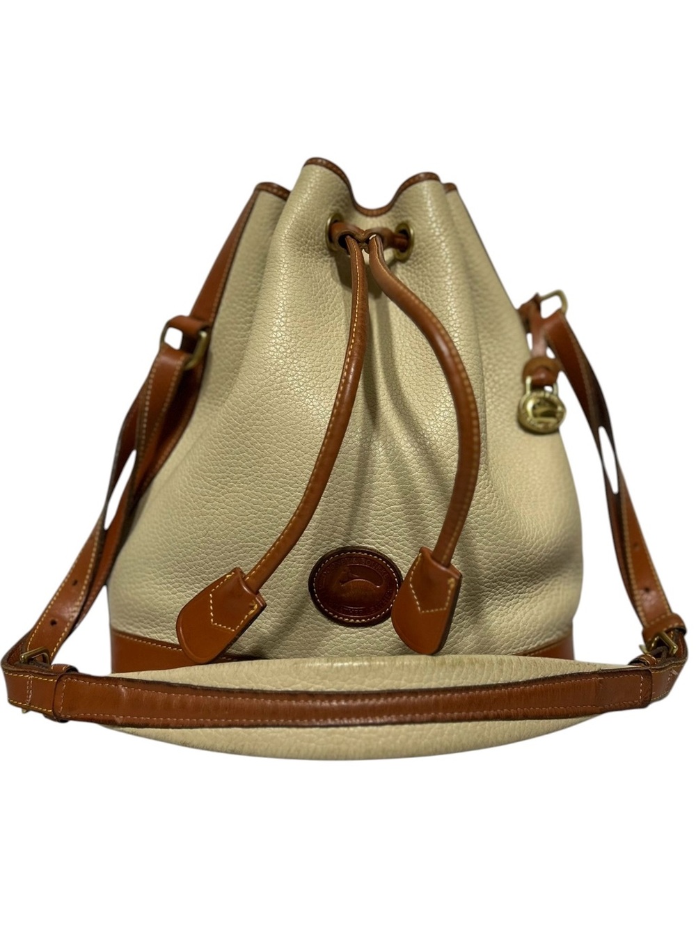Vtg Dooney & Bourke Drawstring Bucket Bag Cream Cognac Brown Retro 80s 90s